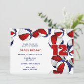 赤い青いバスケット女の子の男の子の誕生日パーティー 招待状 (スタンド正面)