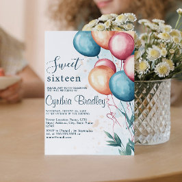 赤い青いバルーンSweet sixteen誕生日パーティー 招待状