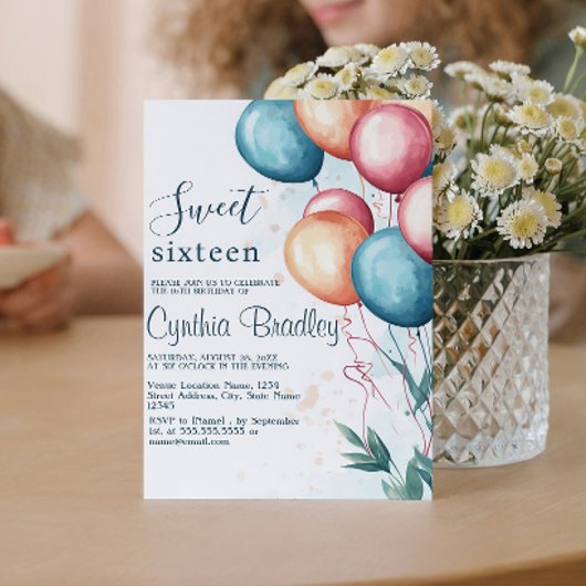 赤い青いバルーンSweet sixteen誕生日パーティー 招待状