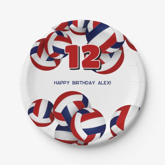 赤い青いバレーボール少年少女の誕生日パーティー ペーパープレート (正面)