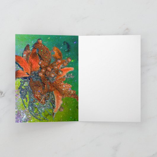 赤い青いポインセチア、クリスマスが緑の輝きを放つ シーズンカード (内部)