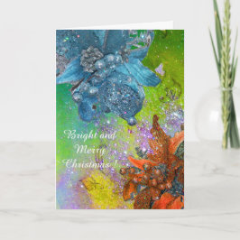 赤い青いポインセチア、クリスマスが緑の輝きを放つ シーズンカード
