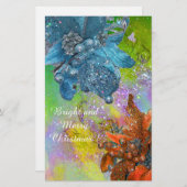 赤い青いポインセチア、クリスマスが緑の輝きを放つ 便箋 (正面/裏面)