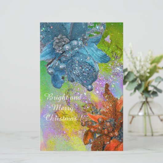 赤い青いポインセチア、クリスマスが緑の輝きを放つ 便箋 (スタンド正面)