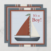 赤い青い帆船の赤ちゃんシャワー 招待状 (正面/裏面)