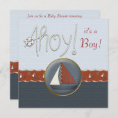 赤い青い帆船の赤ちゃんシャワー 招待状 (正面/裏面)