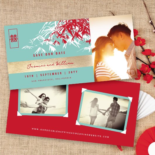 赤い青い禅の竹葉の写真中国の結婚s セーブザデート