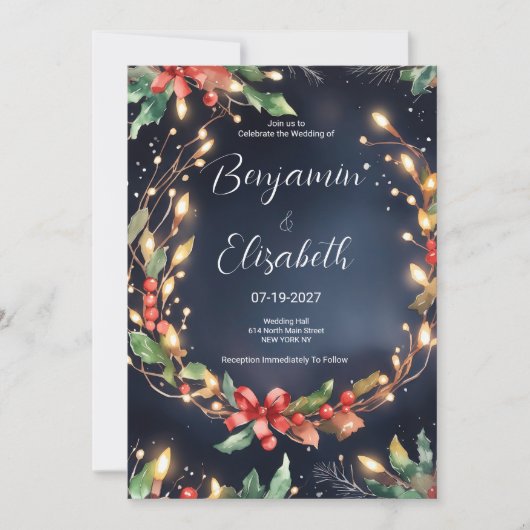 赤い青い緑のクリスマスフラワー結婚ズ 招待状 (正面)