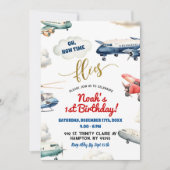 赤い青い飛行機の最初の誕生日男の子 招待状 (正面)