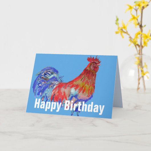 赤い青い鶏の水色の鶏のルースター鳥 カード (黄色い花)