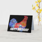 赤い青い鶏の鳥鳥の水色誕生日 カード (黄色い花)