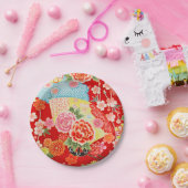 赤い青い黄色の着物日本のフローラ花 ペーパープレート (パーティー)