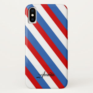 赤い青と白のストライプモノグラム iPhone X ケース