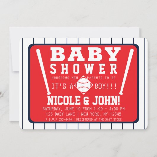 赤い青と白のピンプリペス野球の赤ちゃんシャワー 招待状 (正面)