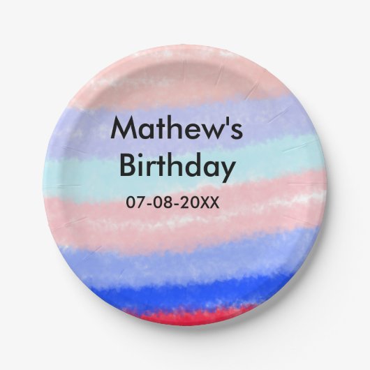 赤い青のアメリカ人の男の子の誕生日の追加の名前の日付 ペーパープレート (正面)