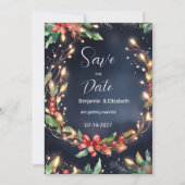 赤い青のクリスマスフラワーを飾る日付を保存 招待状 (正面)