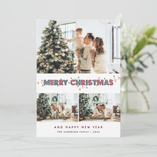 赤い青のクリスマスライト3フォトコラージュ シーズンカード (スタンド正面)