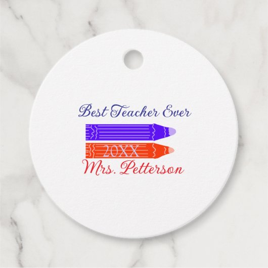 赤い青のクレヨン最高の先生は年名を追加 フェイバータグ (正面)