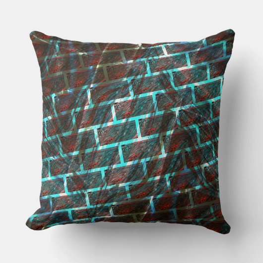 赤い青のステンドレッド、スクラッチ、グリッドまたはブリック効果 クッション (正面)