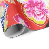 赤い青のピンクの着物日本のフローラのデコパージュ ラッピングペーパー (ロールコーナー)