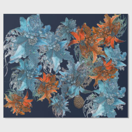 赤い青のポインセチア、キラキラ輝くクリスマススター ラッピングペーパー