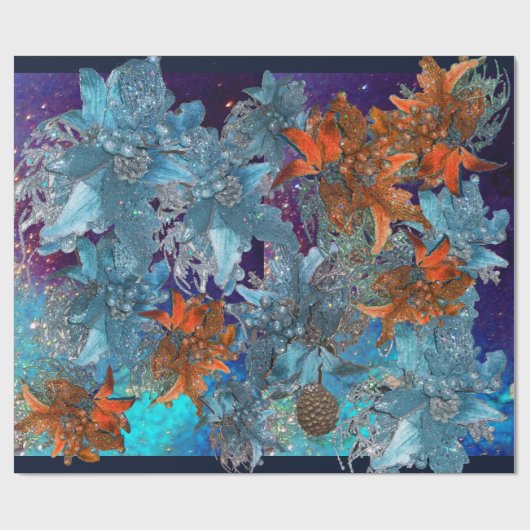 赤い青のポインセチア、キラキラ輝くクリスマススター ラッピングペーパー (フラット)