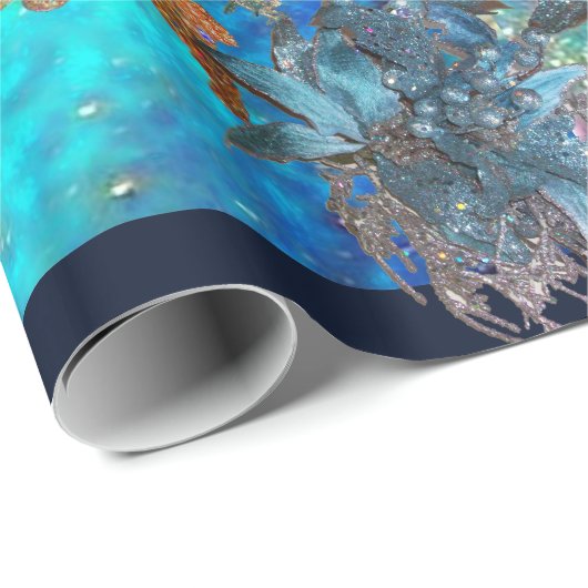 赤い青のポインセチア、キラキラ輝くクリスマススター ラッピングペーパー (ロールコーナー)