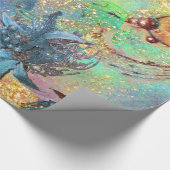 赤い青のポインセチア、蝶の金ゴールドきらめき ラッピングペーパー (角)