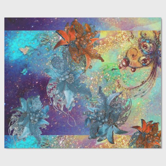 赤い青のポインセチア、蝶の金ゴールドきらめき ラッピングペーパー (フラット)