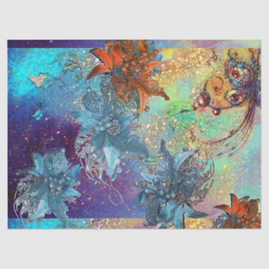 赤い青のポインセチア、蝶の金ゴールドきらめき 薄葉紙 (正面)