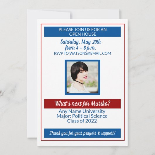 赤い青の学校の色と今の卒業 招待状 (裏面)