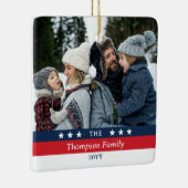 赤い青の星の家族ストライプ写真クリスマス セラミックオーナメント (右)