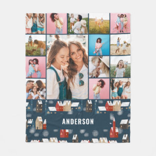 赤い青の植物のモダンパミニマルパス15枚の写真 フリースブランケット