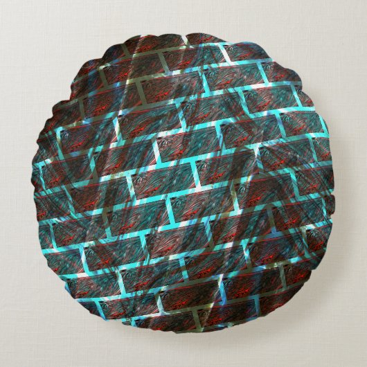 赤い青の汚れ、傷、グリッドまたはレンガ効果 ラウンドクッション (正面)