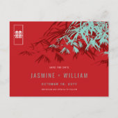 赤い青の禅の竹中国のの結婚式の日付を保存 案内ポストカード (正面)