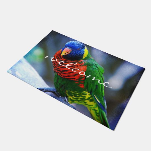 赤い青の緑の鳥の写真かわいい歓迎カラフル ドアマット (アングル)