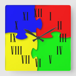 赤い青の緑の黄色のジグソーピースローマ数字 スクエア壁時計