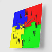 赤い青の緑の黄色のジグソーピースローマ数字 スクエア壁時計 (傾斜)