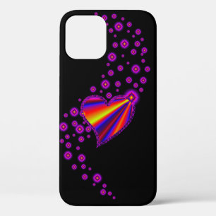 赤い青の虹のハートと星の黒 iPhone 12ケース