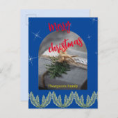 赤い青の陽気なクリスマス文字モダンの葉 インビテーションポストカード (正面/裏面)