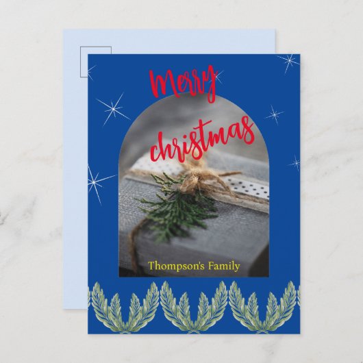 赤い青の陽気なクリスマス文字モダンの葉 インビテーションポストカード (正面/裏面)