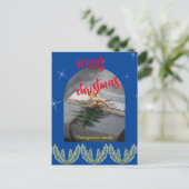 赤い青の陽気なクリスマス文字モダンの葉 インビテーションポストカード (スタンド正面)