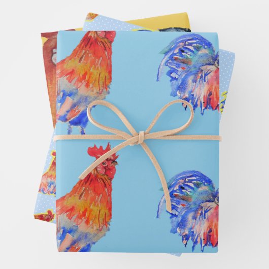 赤い青の鶏の水色絵画の ラッピングペーパーシート (インサイチュ)