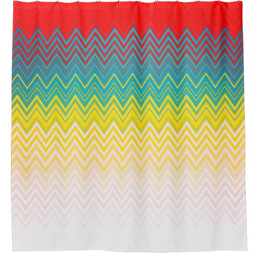 赤い青の黄色の白いジグザグ シャワーカーテン (正面)