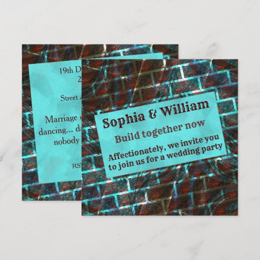 赤い青みがかった染み、スクラッチ、グリッドまたはレンガの効果 招待状 (正面/裏面)