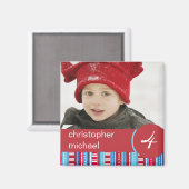 赤い青ストライプ色の誕生日フォトマグネット マグネット (正面/裏面)