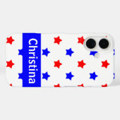 赤い青色の星模様の白い背景のパーソナライズ Case-Mate iPhoneケース (裏面 (横))