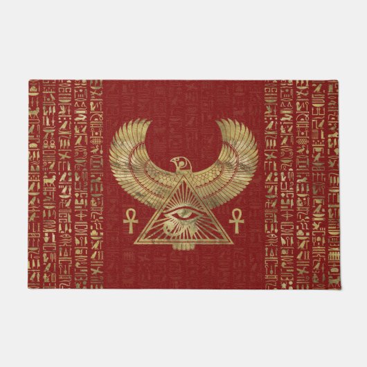 赤い革のHorus - Wadjetの金ゴールドの目 ドアマット (正面)