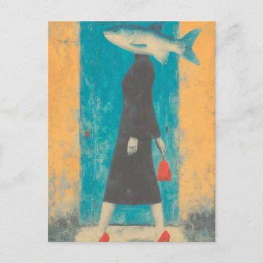 赤い靴を履いた超現実的な魚の女性 ポストカード (正面)