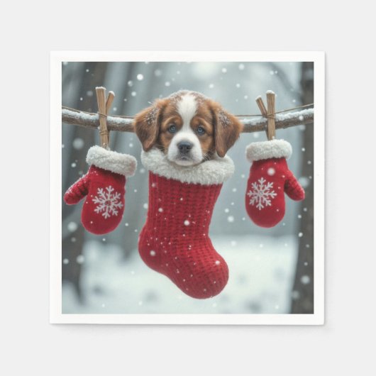 赤い靴下のクリスマスセントバーナードの子犬 スタンダードカクテルナプキン (正面)